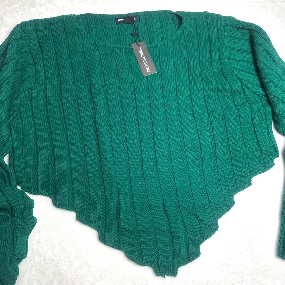 NWT~Pretty Little Thing  Sz XL Cropped Cable Knit Dip Hem Sweater KELLY GREEN - Picture 4 of 16